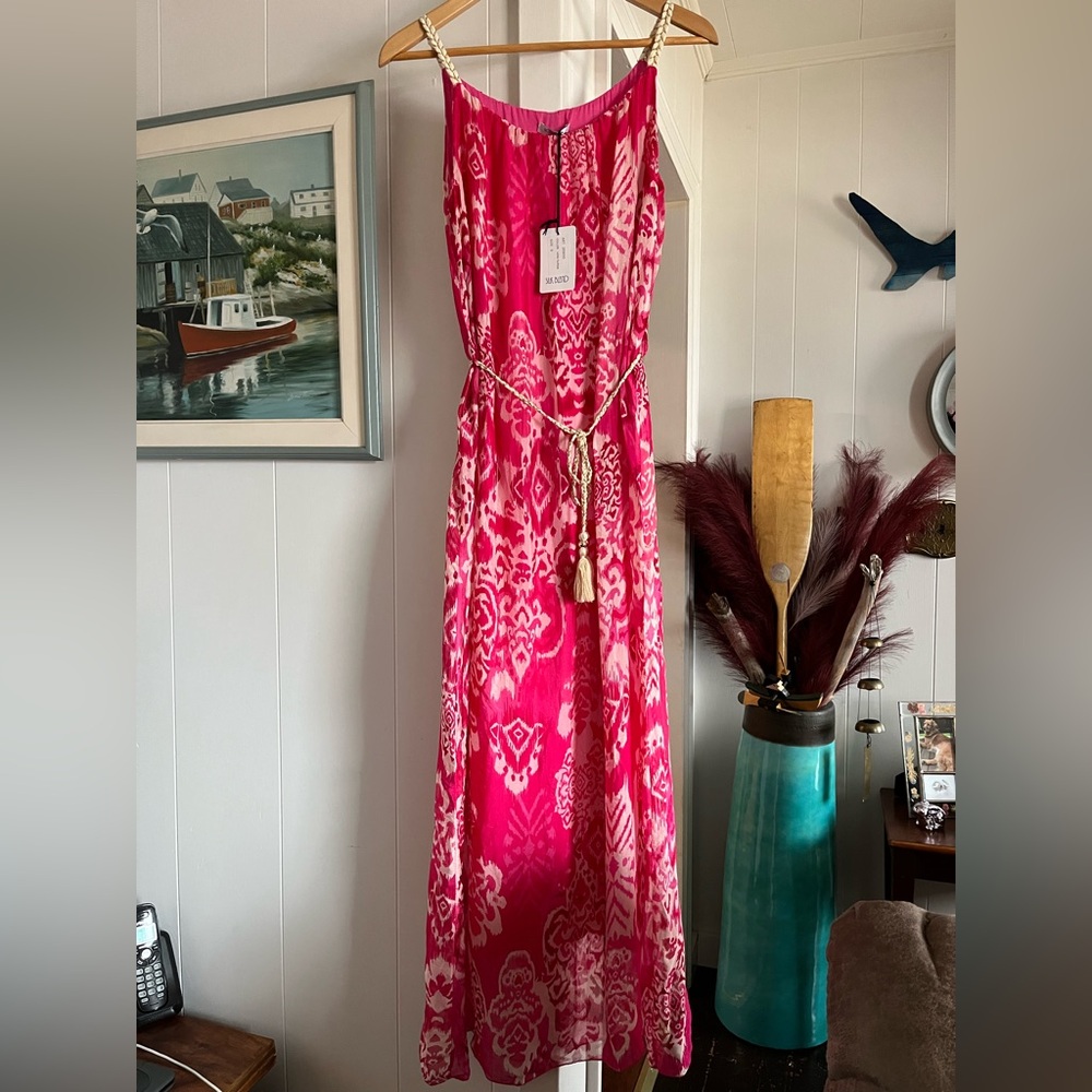 NWT Rosemarine Silk Blend Flowy Maxi Dress Belt Pink Patterned Italy Fuchsia new - Picture 2 of 12